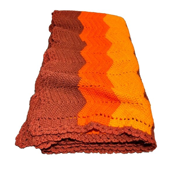 Homemade Crocheted Chevron Zig Zag Afghan Throw Blanket Retro Brown 59" x 55" - Picture 12 of 15